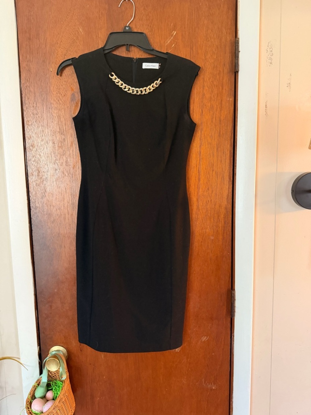 Calvin Klein Black Midi Sheath Dress with Gold Chain Detail
